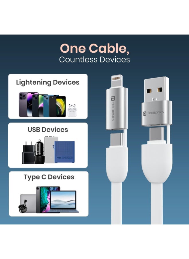 بورترونيكس Portronics Keylink 4 in 1 Multifunctional Fast Charging Cable With In Built KeyChain, 25cm Length, Tangle Free Flat Cable, Type C to Type C/Lightening, USB A, Fast Data Sync (White) - Image 4